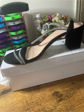 Black Rhinestone Strap Block Heel Sandals - Women